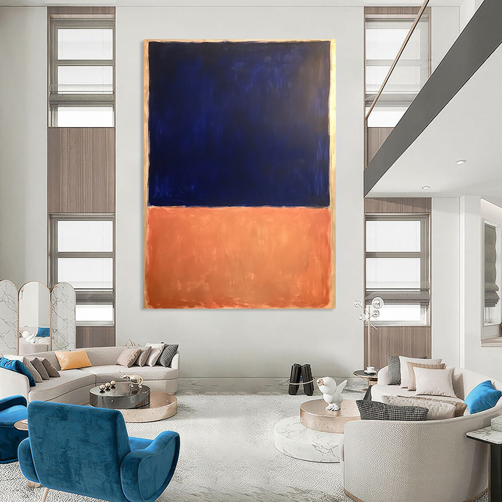 Contemporary hand-painted abstract artwork featuring dark blue and light orange with a significant white space, inspired by Rothko’s bold minimalism. DLZ1362