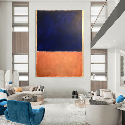 Contemporary hand-painted abstract artwork featuring dark blue and light orange with a significant white space, inspired by Rothko’s bold minimalism. DLZ1362