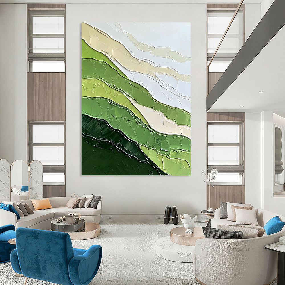 Contemporary hand-painted abstract artwork featuring textured green mountains and minimalist design against a white background evokes tranquility and natural beauty. DLZ0599