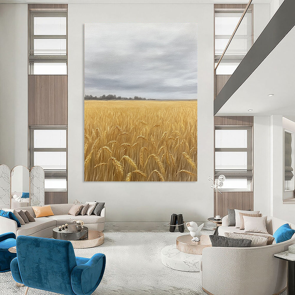 Contemporary hand-painted abstract art featuring a vast wheat field in soft earth tones and greys, capturing nostalgia beneath an overcast sky. DLZ1486