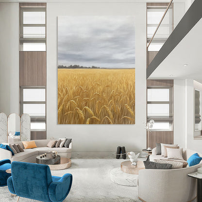 Contemporary hand-painted abstract art featuring a vast wheat field in soft earth tones and greys, capturing nostalgia beneath an overcast sky. DLZ1486