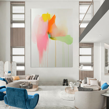Vibrant contemporary abstract artwork featuring soft pink orange and green tones with pastel drips on a white background creating a serene visual experience. DLZ1063