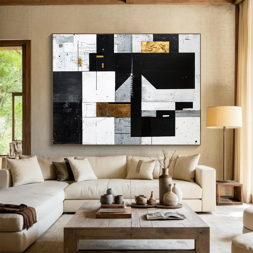 Black, White, Gray, Gold, Textured Rectangles "Gilded Rustic Modern" Abstract Modernist Painting On Canvas HB130