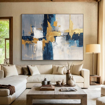 “Geometric Gold - Blue - Gray Abstract” - Gold, Blue, Gray, White, Geometric Forms Painting On Canvas HB0820