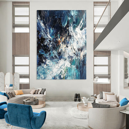 Contemporary abstract painting showcasing an ocean storm with dynamic blue and white waves using thick impasto strokes for dramatic texture and depth. DLZ0579