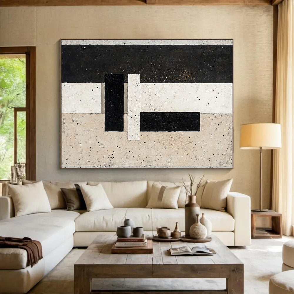 Black, White, Beige with Speckled Patterns "Starry Structure" Abstract Painting On Canvas HB014