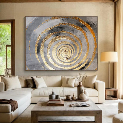 Black, Gray and Gold Concentric Circles with Drips "Dynamic Dripping Vortex" Painting On Canvas HB383