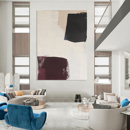 Contemporary hand-painted abstract art featuring large white burgundy and black shapes with soft neutral backgrounds and delicate fabric accents. DLZ1332