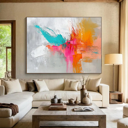 “Vibrant Color Clash” - Gray, teal, pink, orange; Dynamic abstract color strokes; Impasto Acrylic Painting On Canvas HB1206