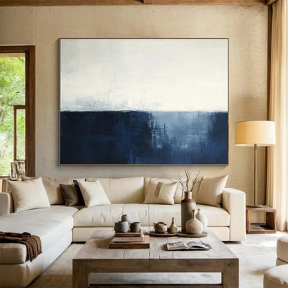 “Navy - White Abstract Horizon” - Navy, White, Subtle Horizon Painting On Canvas HB0833