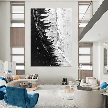 Contemporary abstract painting featuring dynamic black and white ice shelf with heavy brush strokes and a photorealistic oil finish. DLZ0307