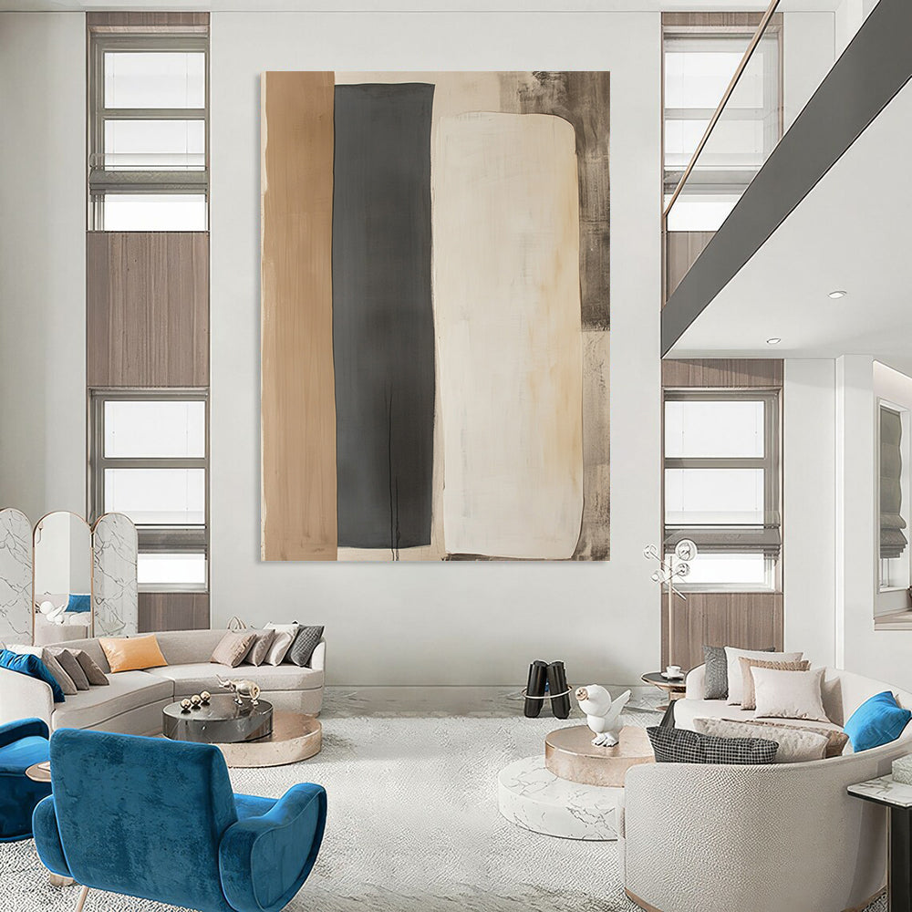 Contemporary hand-painted abstract art featuring two minimalist shapes in light gray and dark beige on a wall-mounted paper display. DLZ1326