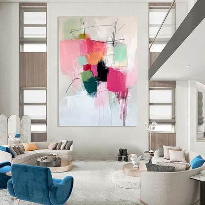 Large contemporary hand-painted abstract artwork featuring vibrant pinks and greens with expressive brush strokes and thick black line work adding depth. DLZ0907