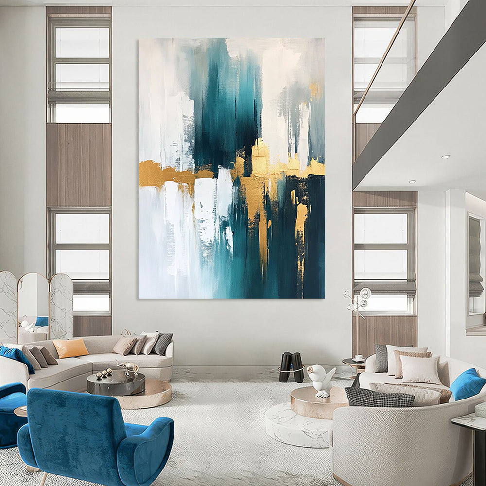 Contemporary abstract artwork featuring gold, teal, and white hues, creating a striking visual impact for modern spaces. DLZ0745