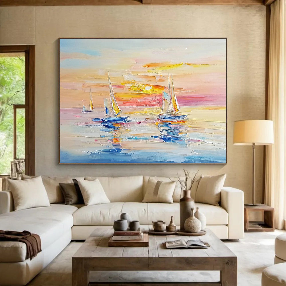 Sailboats at Sunset on Calm Waters - Impressionistic Seaside Painting On Canvas HB0454