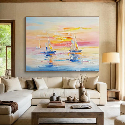 Sailboats at Sunset on Calm Waters - Impressionistic Seaside Painting On Canvas HB0454