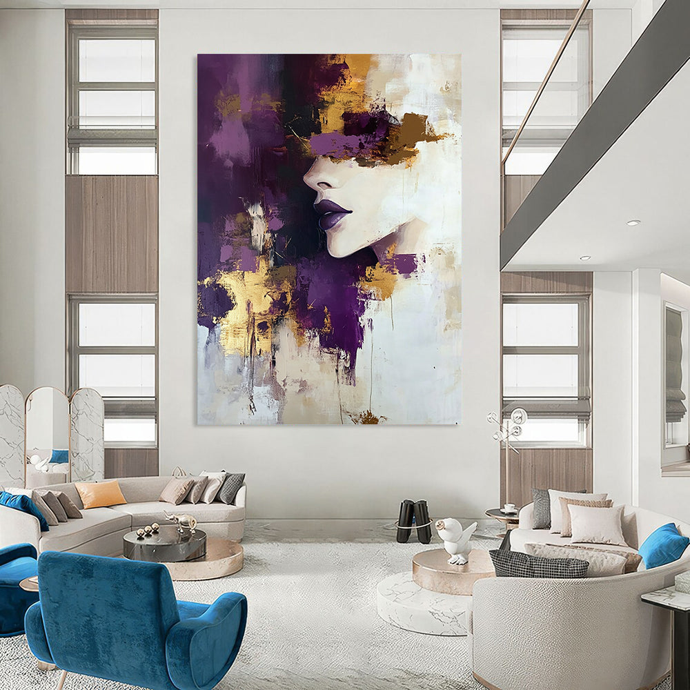 Contemporary hand-painted abstract art featuring a woman with purple and gold accents soft tones and thick brush strokes in a beige and white palette. DLZ0974
