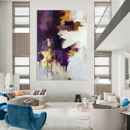 Contemporary hand-painted abstract art featuring a woman with purple and gold accents soft tones and thick brush strokes in a beige and white palette. DLZ0974