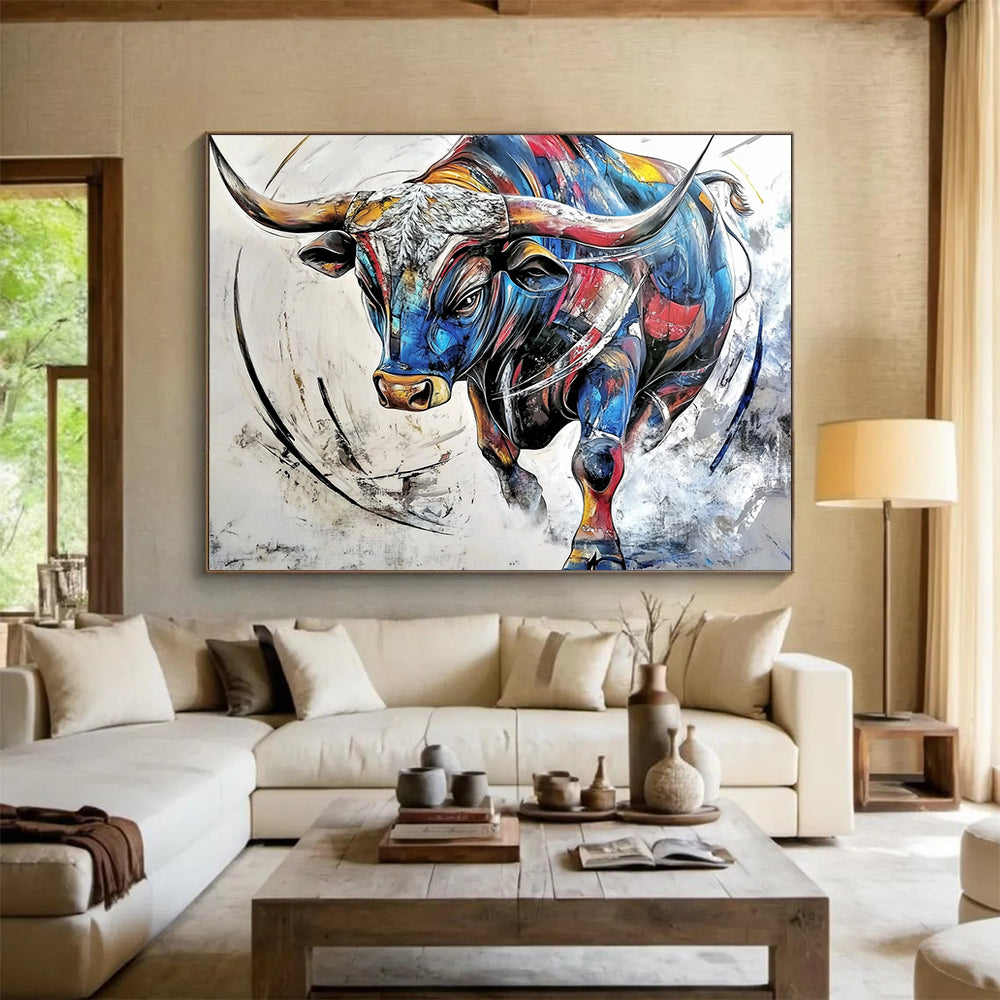 “Colorful Charging Bull” - Vibrant multicolor bull, Dynamic Painting On Canvas HB0577