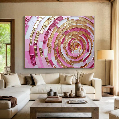 “Pink and Gold Spiral” - Shades of Pink, Gold, White, Layered Spiral Pattern - Mixed - Media Collage HB1727
