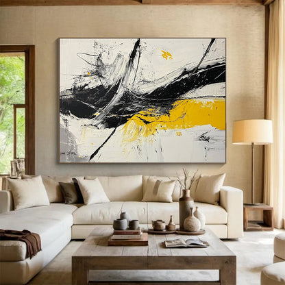 “Dynamic Splashes” - Black, White, Yellow, Abstract Expressionist Painting On Canvas HB1045