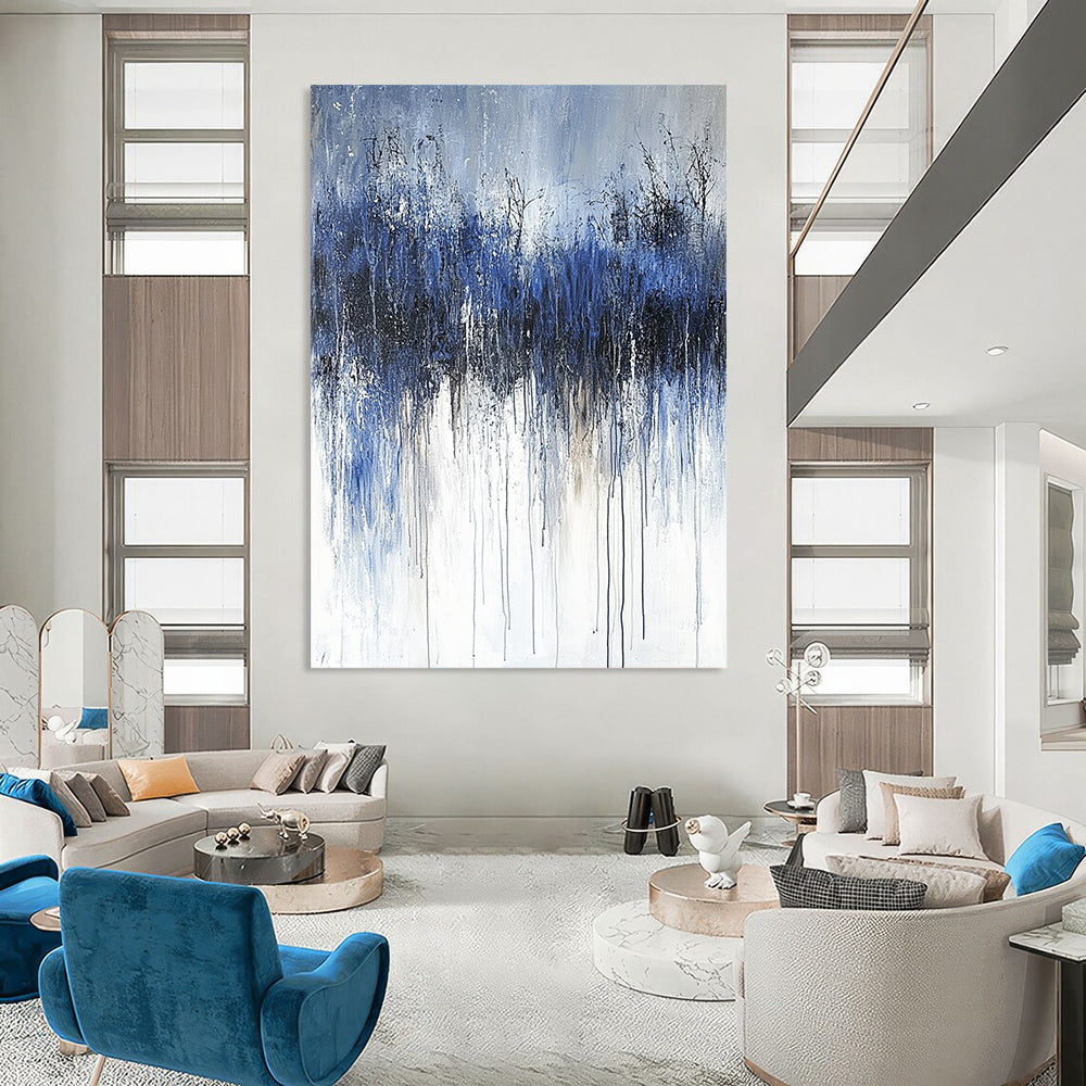 Contemporary abstract painting featuring thick brushstrokes and a cold palette of dark gray and navy blue, evoking feelings of sadness and solitude. DLZ0666