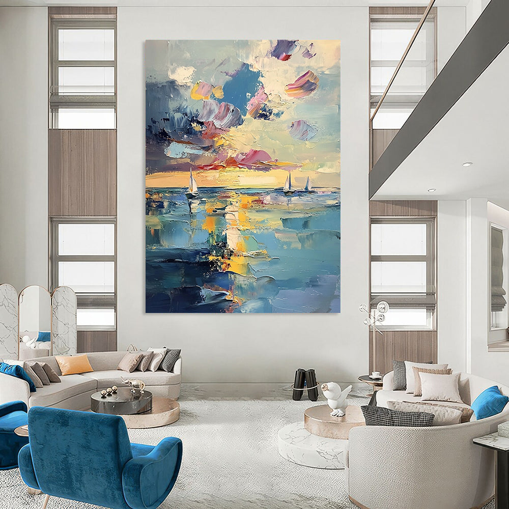 Contemporary abstract painting features a serene sea with distant sailboats and ethereal sunlight, showcasing vibrant pastel reflections and visible brushstrokes. DLZ1112