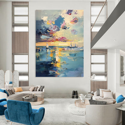 Contemporary abstract painting features a serene sea with distant sailboats and ethereal sunlight, showcasing vibrant pastel reflections and visible brushstrokes. DLZ1112