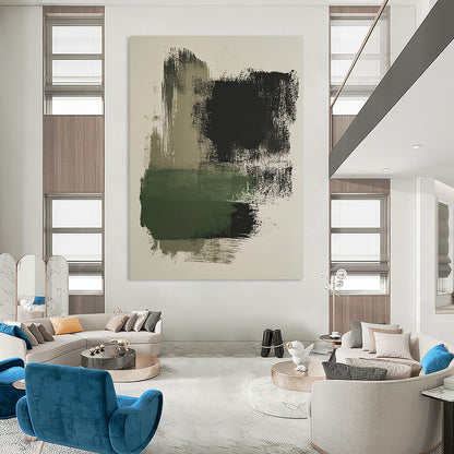 Contemporary brush stroke artwork featuring moss green and black on a beige background, perfect for modern decor enthusiasts. DLZ1454