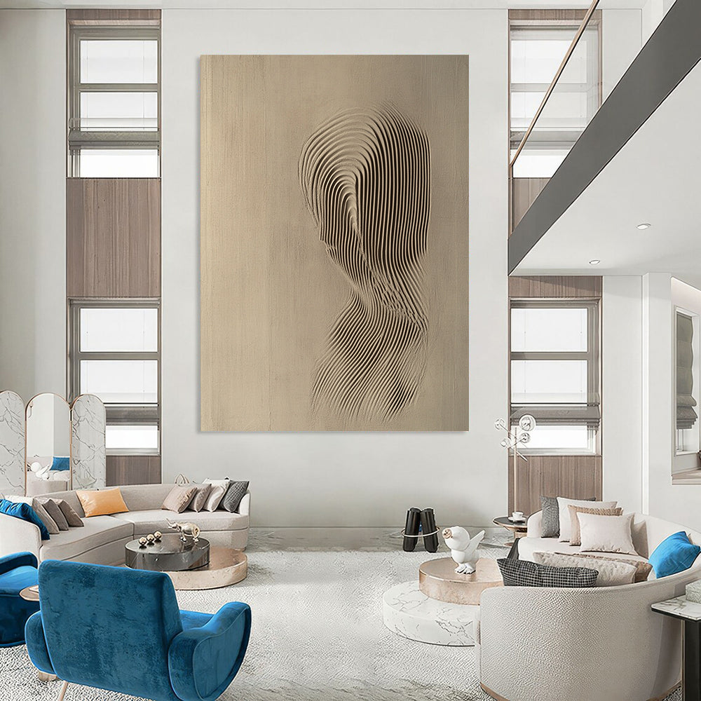 Contemporary abstract art featuring a relief carving of the female form with soft lines and curves in light beige against a neutral backdrop. DLZ1073