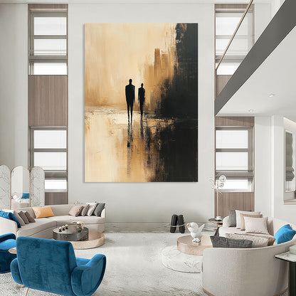 Contemporary abstract painting featuring minimalist human figures in dark beige and black against a blurred cityscape with textured canvas and soft lighting. DLZ0556