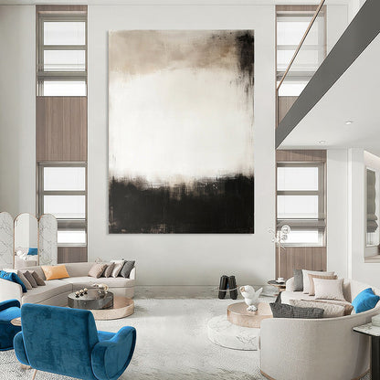 Contemporary abstract painting featuring a large central white space surrounded by dark gray and black tones creating a calm and mysterious atmosphere. DLZ0548