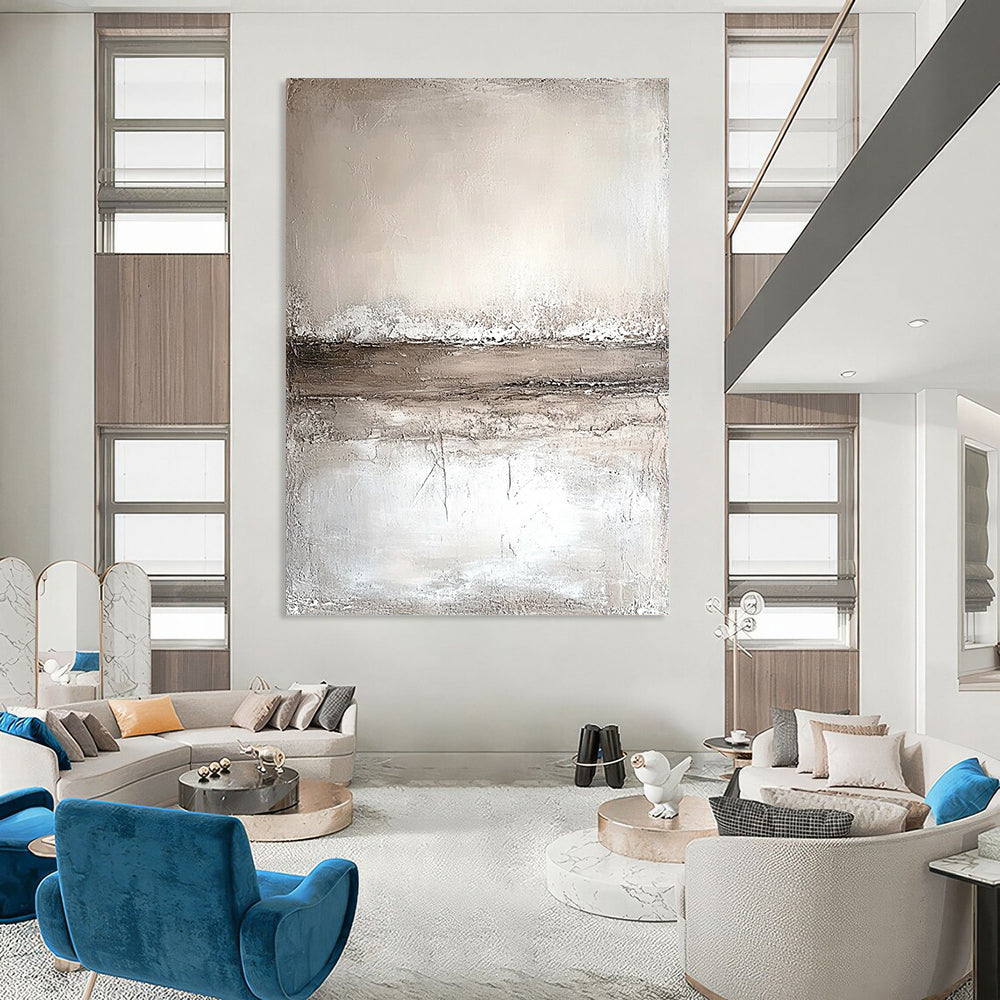 Abstract painting featuring neutral tones in faded beige and white with horizontal lines and a textured background on a large canvas in minimalist style. DLZ0559