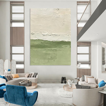 Contemporary abstract painting with vibrant green water soft brushstrokes and minimalist design highlighting fluidity and tranquility on a large canvas. DLZ1416