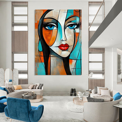 Contemporary abstract painting featuring a woman with geometric shapes and flowing hair in vibrant orange and turquoise tones. DLZ0785
