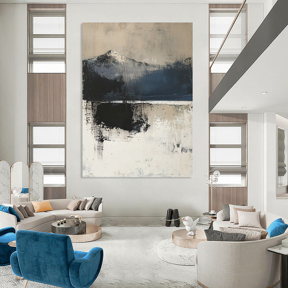 Contemporary hand-painted abstract art showcasing textured layers depicting the land-sea horizon in moody neutral tones for a tranquil ambiance. DLZ1042
