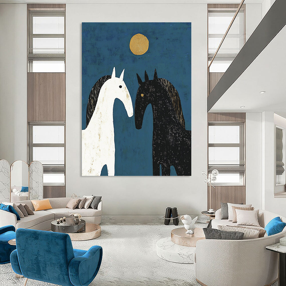 Contemporary abstract artwork featuring three horses in a symmetrical design with soft edges and delicate brushstrokes against a deep blue background. DLZ1714