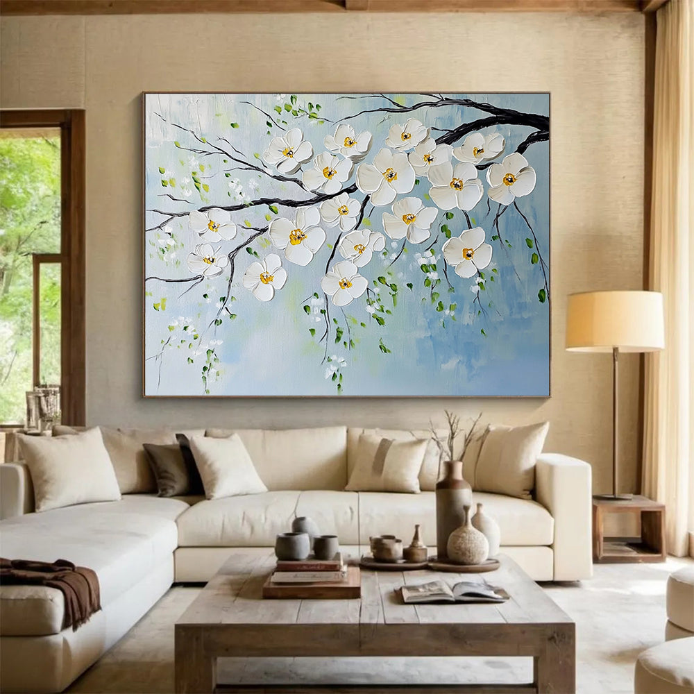 “White Blossoms on Branches” - White, Yellow, Green, Blue, White Blossoms on Branches - Impasto Oil Painting HB1785