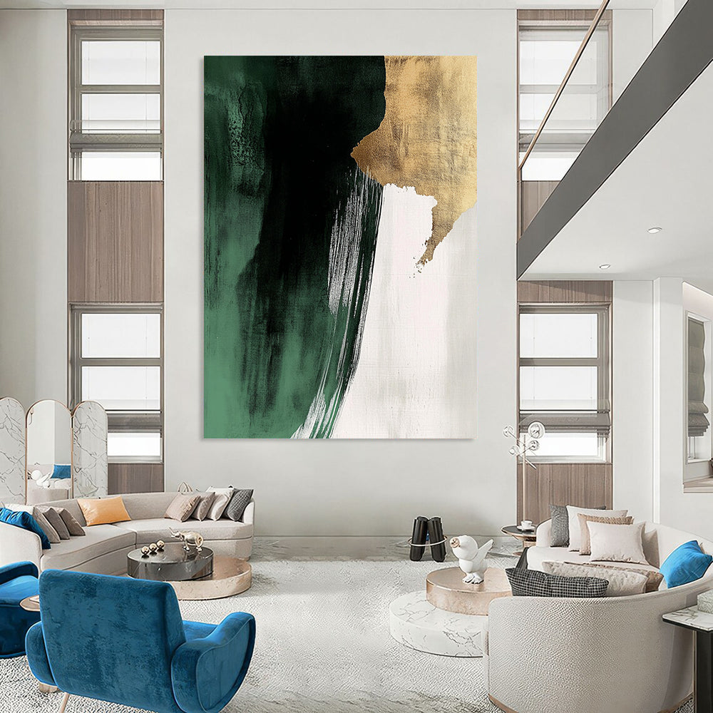Contemporary hand-painted abstract art featuring dark green and white brushstrokes with gold foil and striking negative space in a minimalist style. DLZ1623