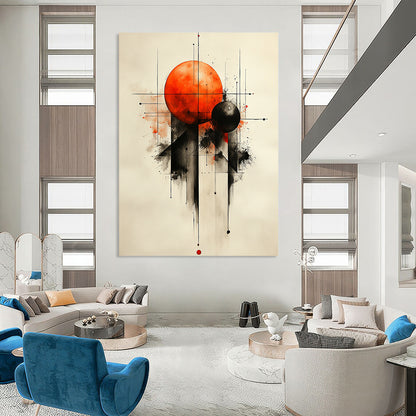 Contemporary abstract painting featuring geometric shapes with an orange sphere and black spheres on a textured white background. DLZ0857