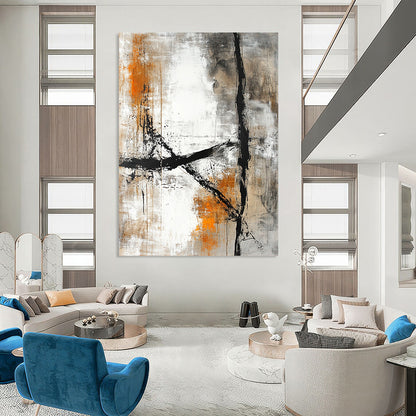 Contemporary hand-painted abstract art featuring a textured canvas with beige and white colors, accented by dark gray lines and light orange tones. DLZ0288