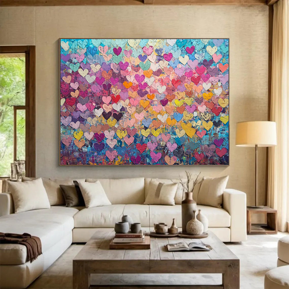 “Colorful Heart Collage” - Multicolor hearts, vibrant background, Textural Abstract Painting On Canvas HB0596
