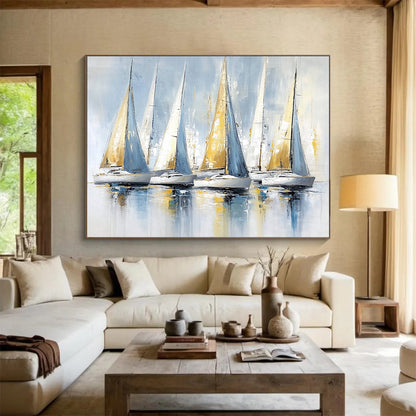 “Blue and Gold Sailboats” - Light Blues, Golds, Whites, Sailboats on Reflective Water - Impasto Oil Painting HB1734