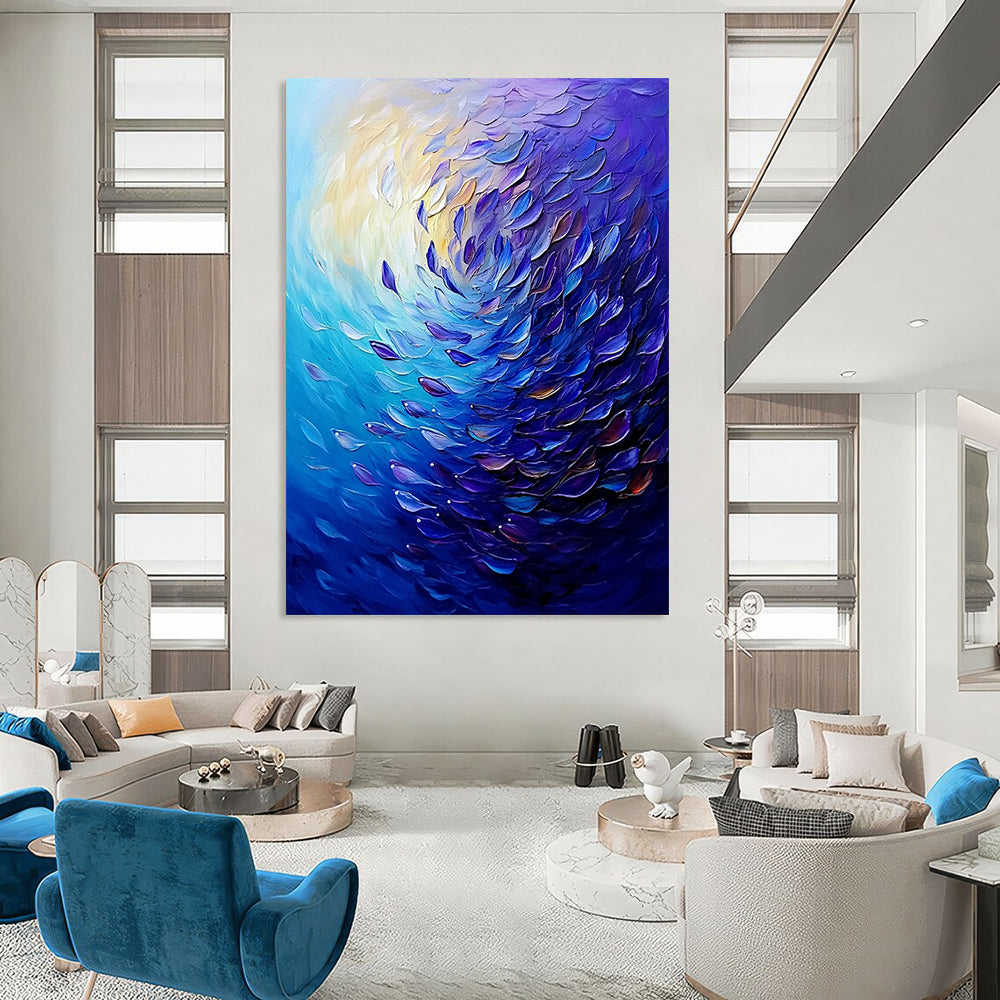 Contemporary abstract painting showcases swirling ocean colors with vibrant purple and blue fish, creating dynamic movement and deep atmospheric perspective. DLZ1096