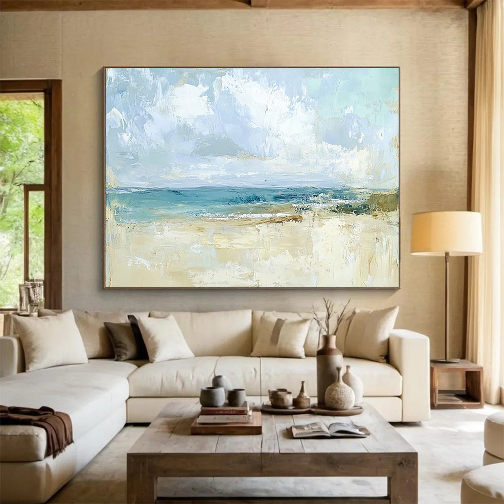 “Abstract Beach Scene” - Blues, Beiges, Whites, Softly Painted Beach and Sky - Abstract Acrylic Painting HB1709