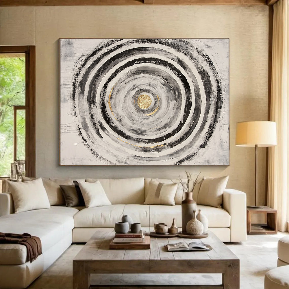 Black, White, Gray and Gold Concentric Circles "Energetic Vortex" Painting On Canvas HB381