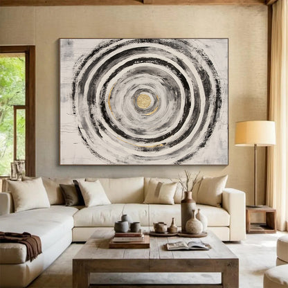 Black, White, Gray and Gold Concentric Circles "Energetic Vortex" Painting On Canvas HB381