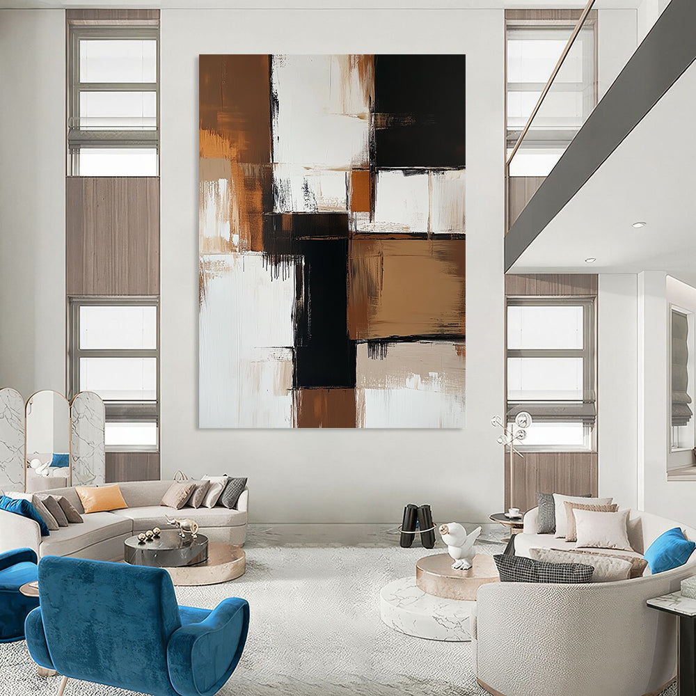 Contemporary hand-painted abstract art featuring bold brown and white color blocks with beige tones and striking black accents, showcasing minimalistic brush strokes. DLZ0735