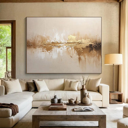 “Golden - Beige Reflective Abstraction” - Gold, Beige, Reflective Textures Painting On Canvas HB0791