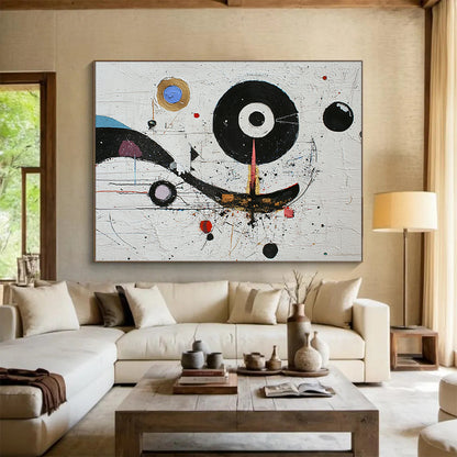 White, Black, Colorful Circles "Cosmic Carnival" Abstract Modernist Painting On Canvas HB087